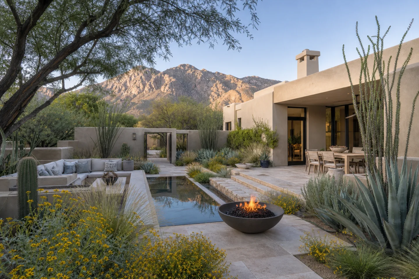 Concept for a Tucson courtyard garden with mesquite, ocotillo, agave, desert marigold, native grasses, and clean irrigated beds