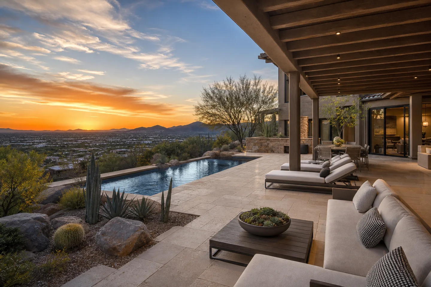 Concept for a Tucson poolside garden with mesquite, agave, barrel cactus, desert spoon, native grasses, and tidy gravel