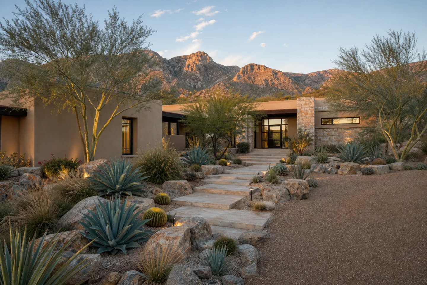 Concept for a Tucson Foothills front garden with layered agaves, barrel cactus, grasses, palo verde trees, and refreshed gravel