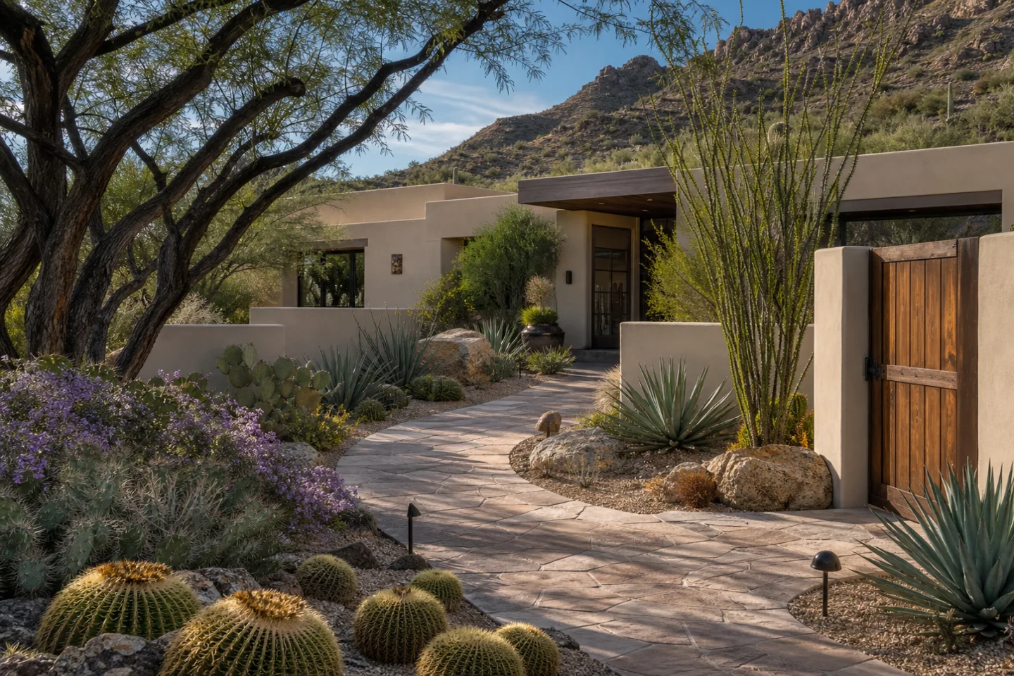 Concept for a shaded Tucson front garden with mesquite trees, flowering desert plants, agaves, cactus, and clean gravel beds