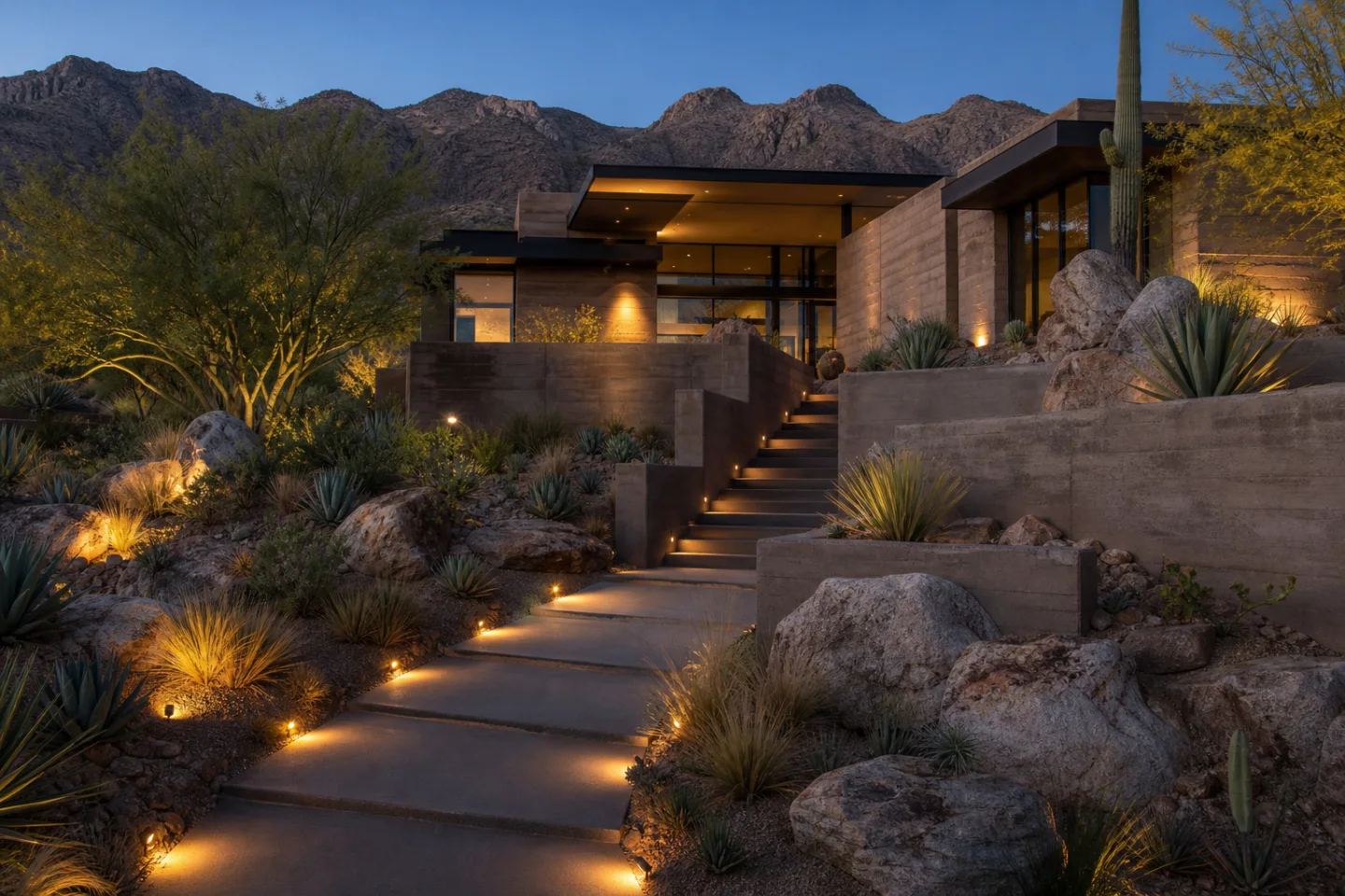 Concept for a sloped Tucson Foothills garden with palo verde, saguaros, agaves, grasses, clean gravel, and drip irrigation