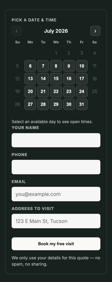 El calendario de reservas integrado que los clientes usan para elegir una hora de cotización